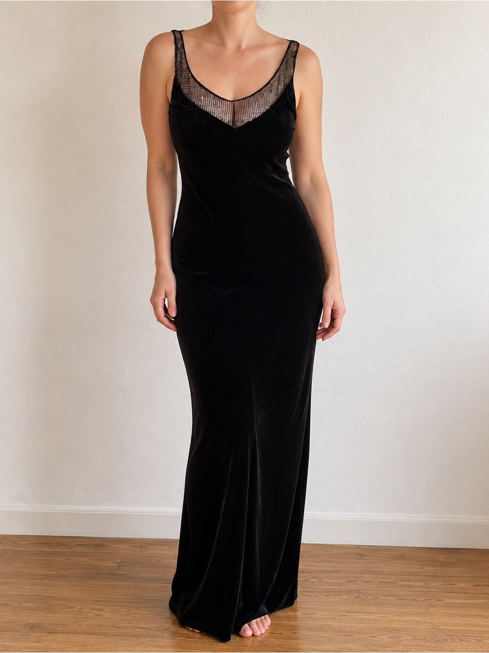 Vintage 90s Carmen Marc Valvo Black Velvet Beaded Mesh Maxi Dress S/M